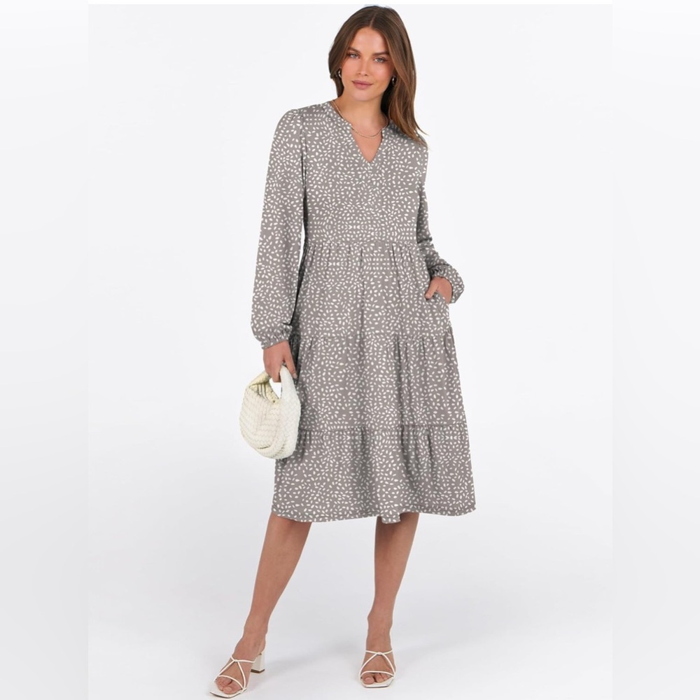 ANRABESS Gray and White Patterned Long Sleeve Dress